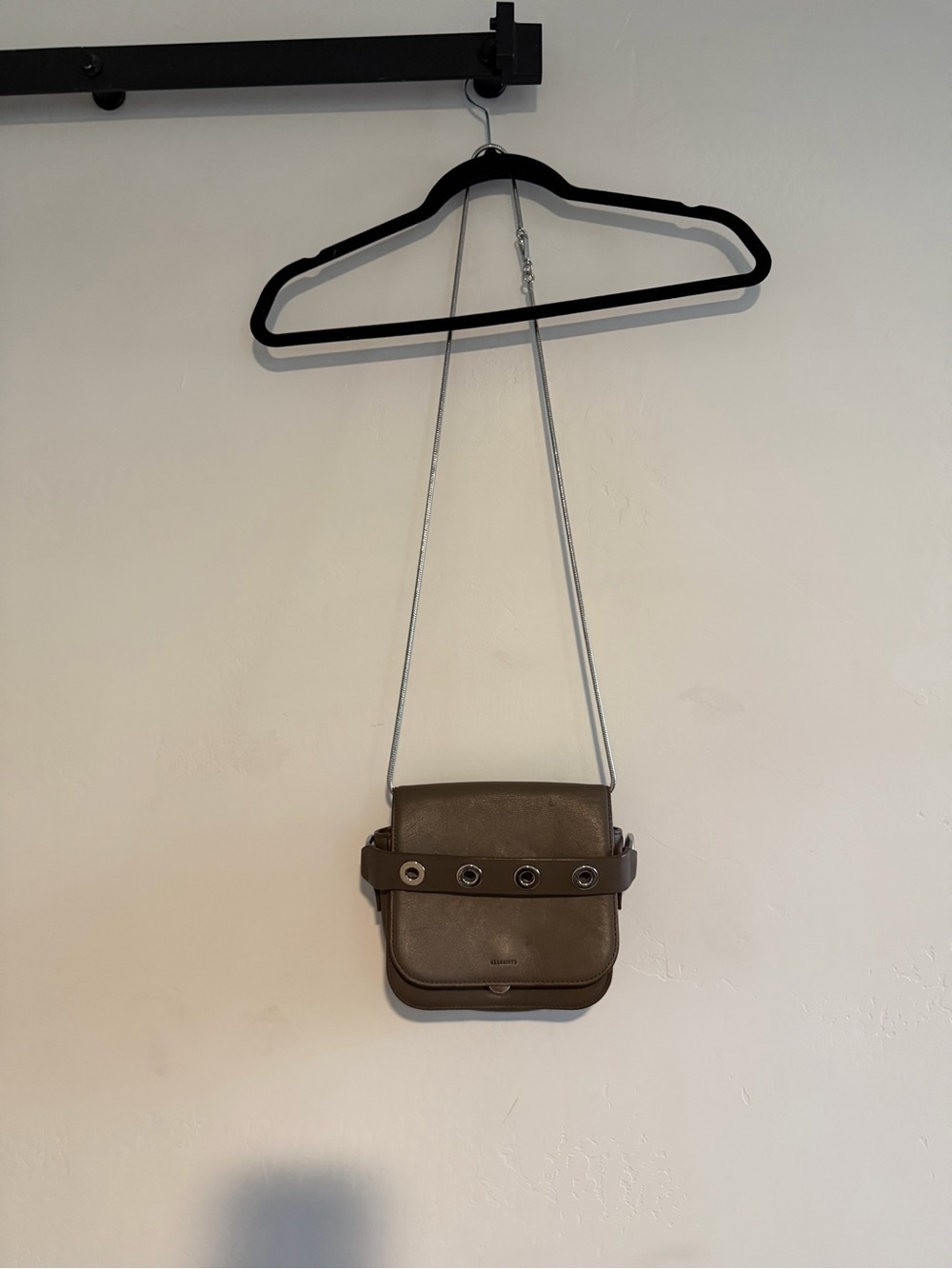 All Saints Small Brown Leather Crossbody with Grommet Strap